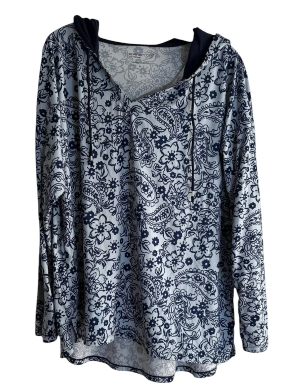 Comfort Code By CUDDL DUDS Pullover Floral Patterned Hoodie in Blues Size Large